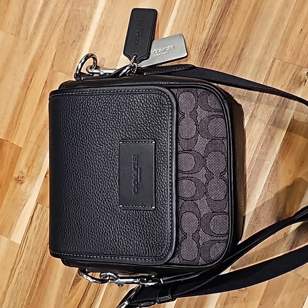 Coach Lucas Crossbody In Signature Jacquard with Black Pebbled Leather,  NEW